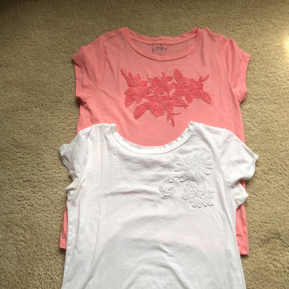 Loft bundle of two shirts embroidered flowers, one white, one pink/orange, EUC